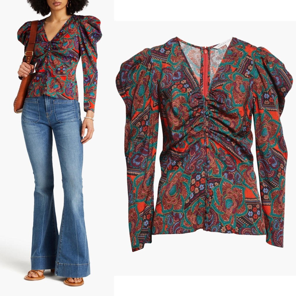 Veronica Beard Simmons Paisley Printed Silk-Blend Puff Sleeve Top Size 6